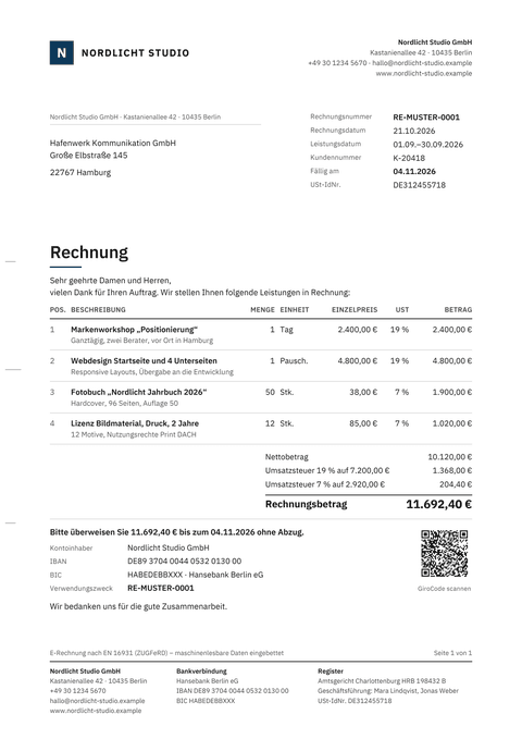 Rechnungsvorlage „Klassisch“ mit Musterdaten