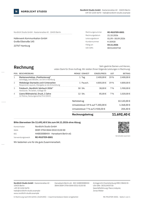 Rechnungsvorlage „Kompakt“ mit Musterdaten