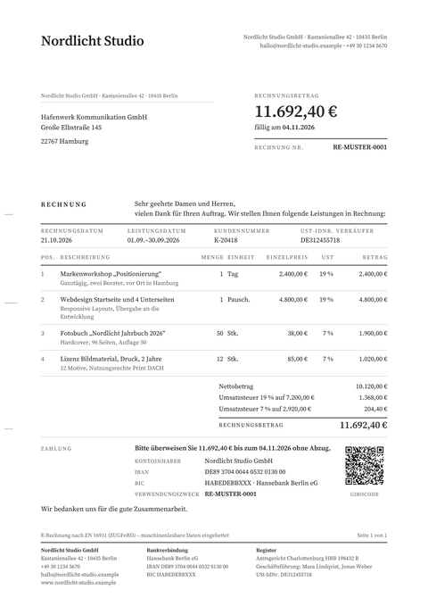 Rechnungsvorlage „Editorial“ mit Musterdaten