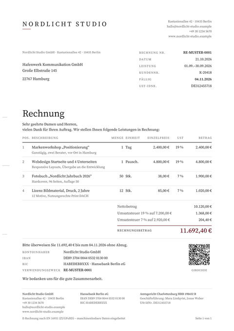 Rechnungsvorlage „Minimal“ mit Musterdaten