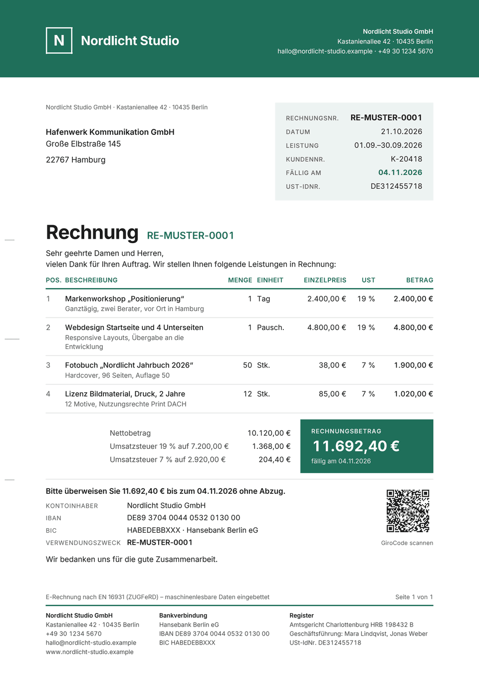 Rechnungsvorlage „Modern“ mit Musterdaten