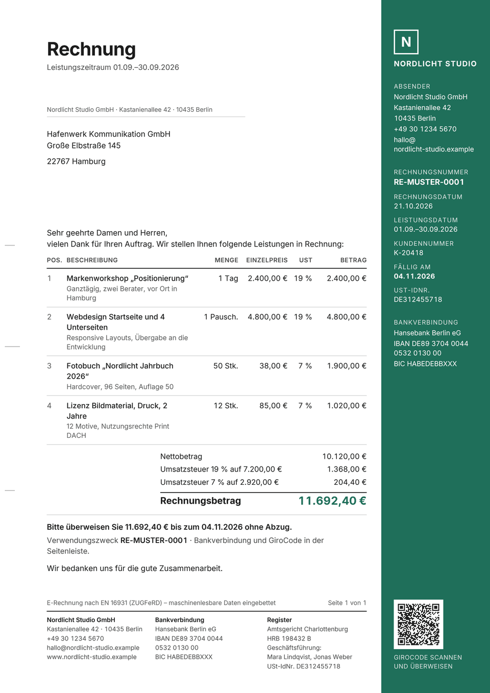 Rechnungsvorlage „Seitenleiste“ mit Musterdaten