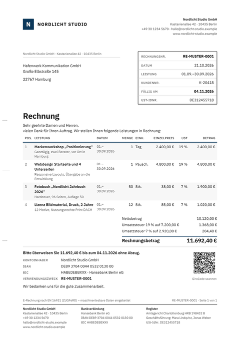 Rechnungsvorlage „Technisch“ mit Musterdaten