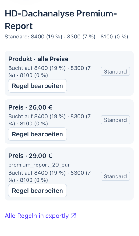 Exportly-Drawer „DATEV-Kontierung“ an einem Stripe-Produkt: Standardkonten 8400, 8300 und 8100 je Steuersatz, Regel je Produkt und je Preis mit Schaltfläche „Regel bearbeiten“.