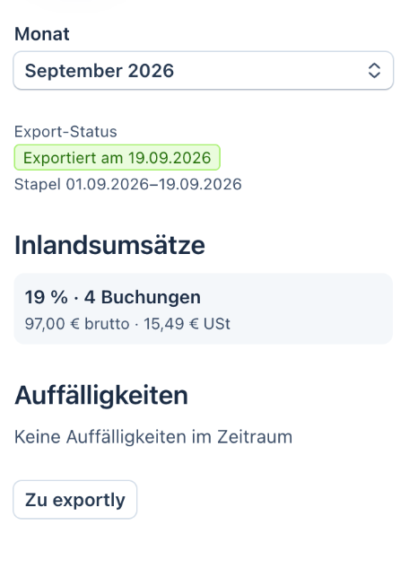 Exportly-Drawer „Steuer-Check“ in der Berichte-Übersicht: Monat September 2026, Export-Status, Inlandsumsätze 19 % mit 4 Buchungen, 97,00 € brutto und 15,49 € USt, keine Auffälligkeiten im Zeitraum.